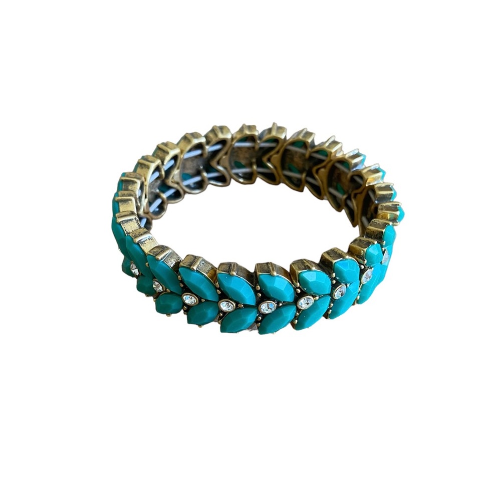 J Crew Teal Green Blue Bracelet Bangle with Leaf Style and Clear Rhinestones